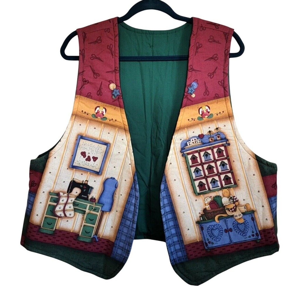 Handmade Reversible Vest L-XL Art-to-Wear Quilted Hand Stitched COTTAGECORE